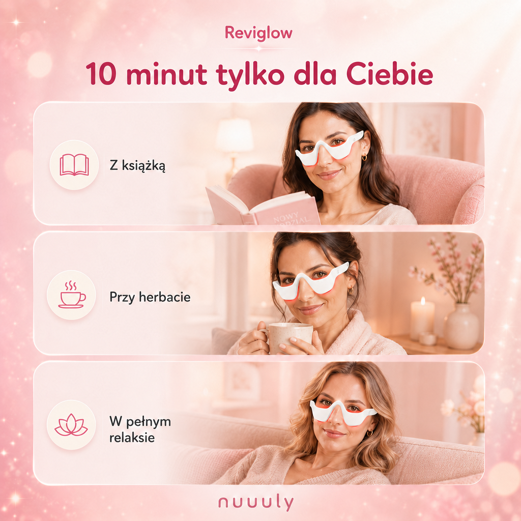 Reviglow – Masażer pod oczy z czerwonym światłem i EMS · 10 minut spa dla spojrzenia