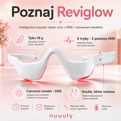 Reviglow – Masażer pod oczy z czerwonym światłem i EMS · 10 minut spa dla spojrzenia