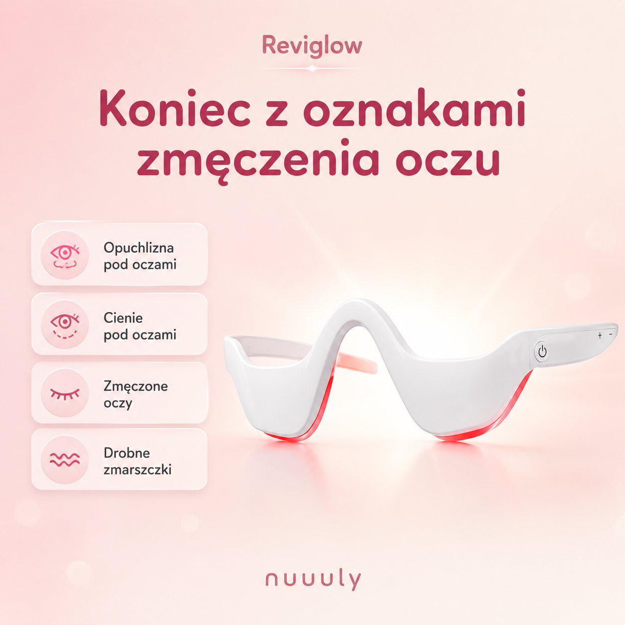 Reviglow – Masażer pod oczy z czerwonym światłem i EMS · 10 minut spa dla spojrzenia